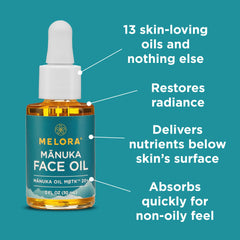MELORA Manuka Face Oil on hand shows lightweight texture for sensitive skin.