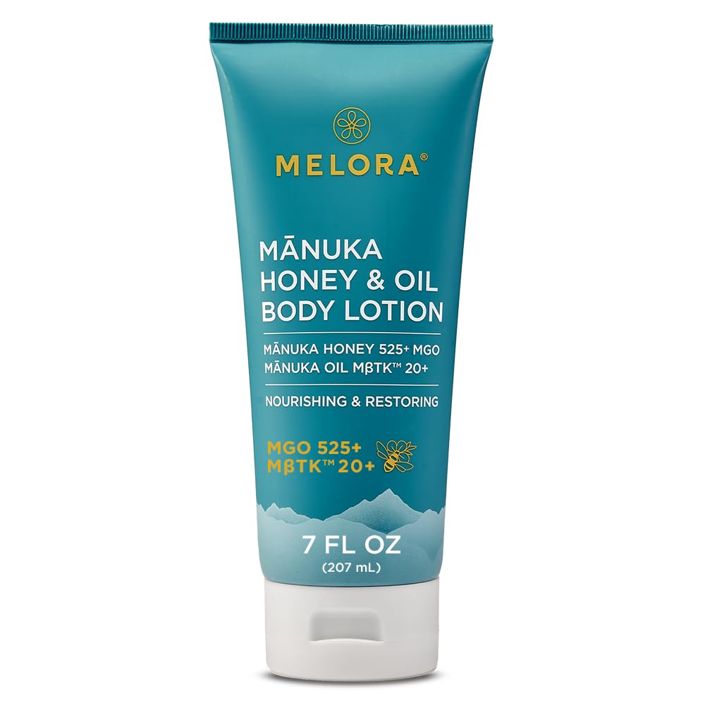 Melora Manuka Honey Body Lotion jar provides rich hydration for dry skin.