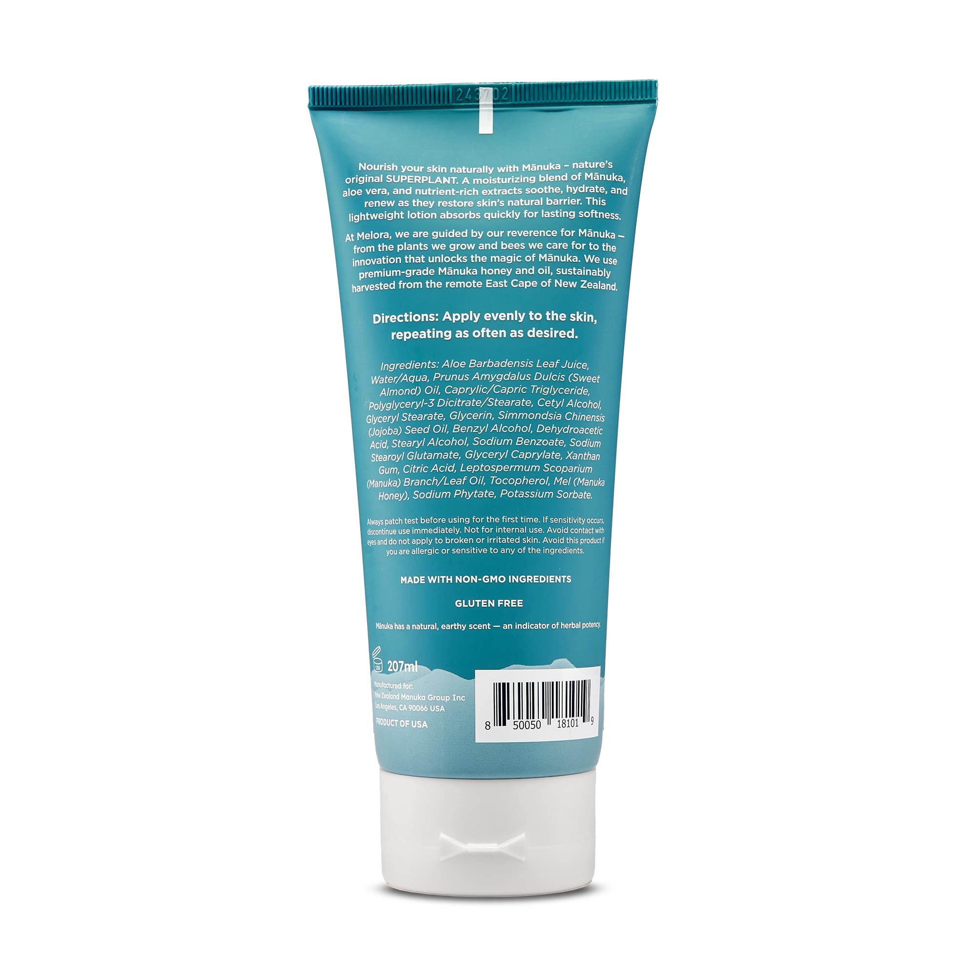 Melora Manuka Honey Body Lotion pump bottle for easy daily moisturization.