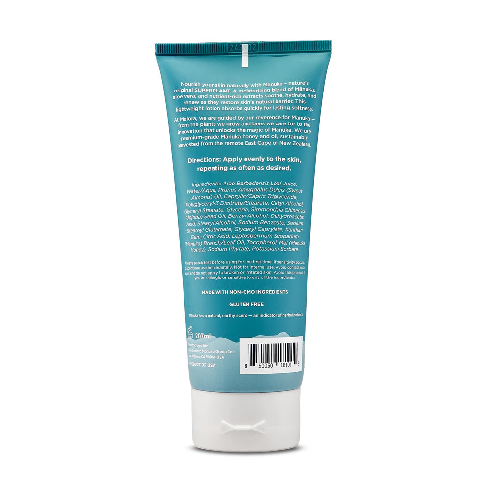 Melora Manuka Honey Body Lotion pump bottle for easy daily moisturization.