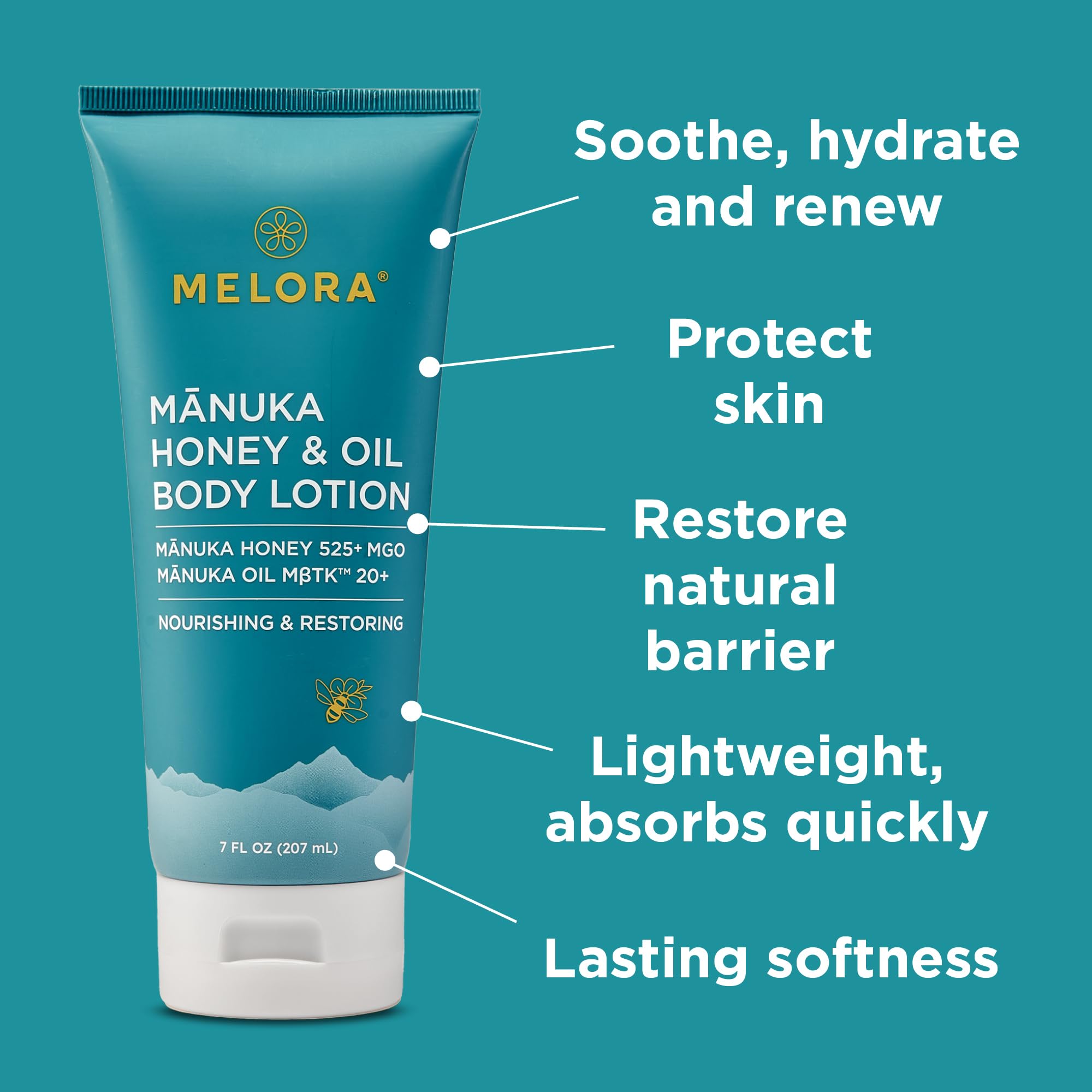 Close-up texture of Melora Manuka Honey Body Lotion demonstrates velvety hydration.