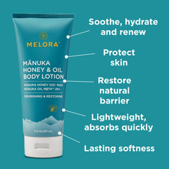 Close-up texture of Melora Manuka Honey Body Lotion demonstrates velvety hydration.