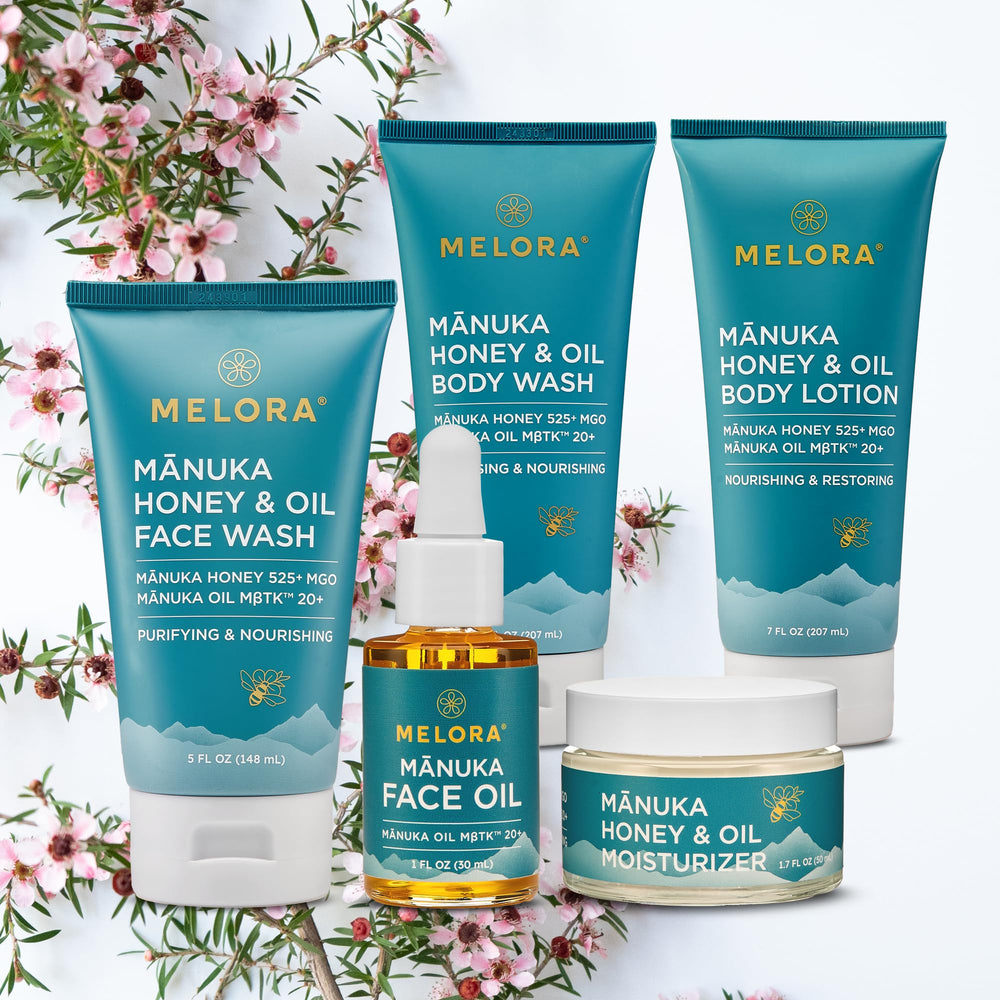 Bathroom shelf featuring Melora bottle ready for daily use.