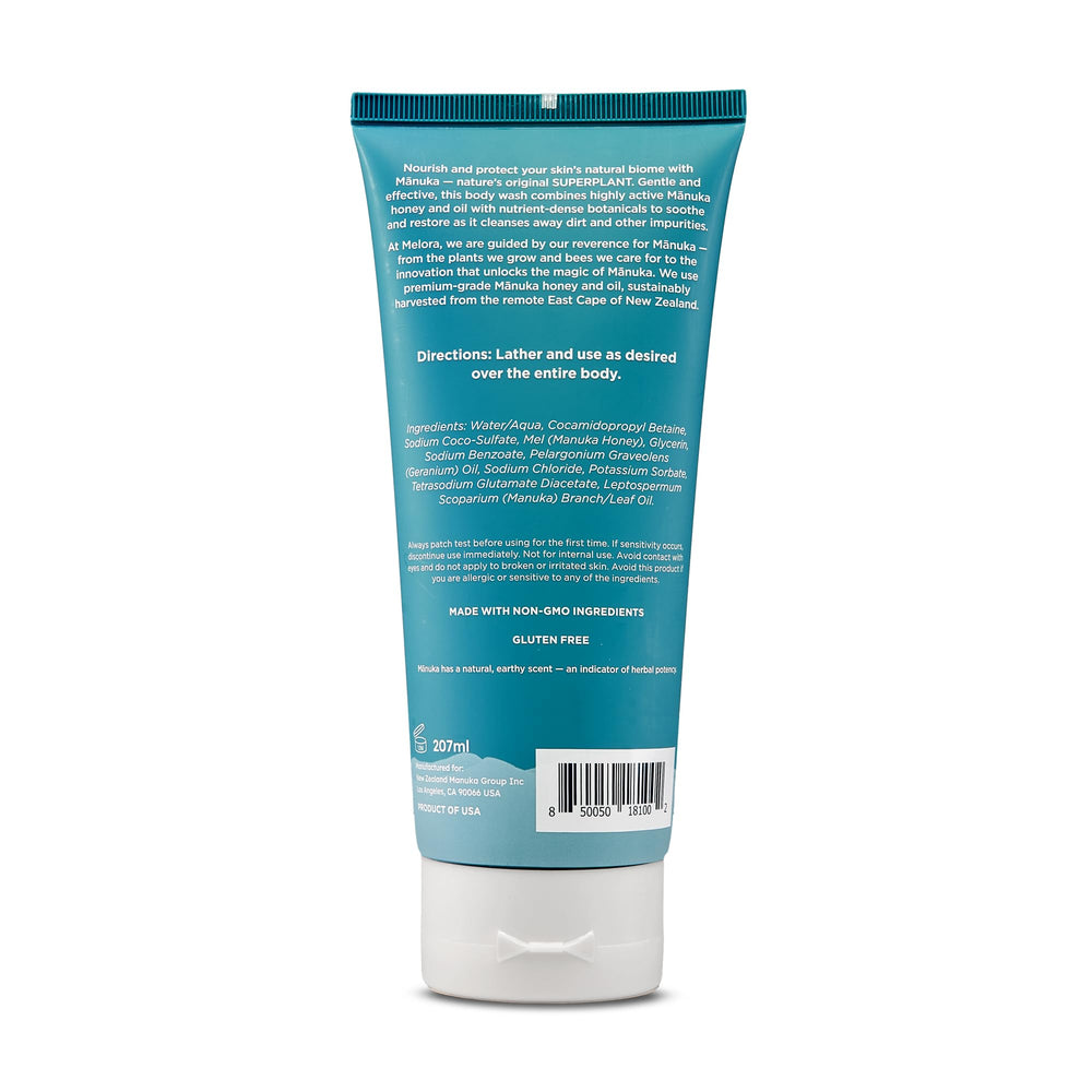 Melora Manuka Honey Body Wash foam lather for gentle cleansing.