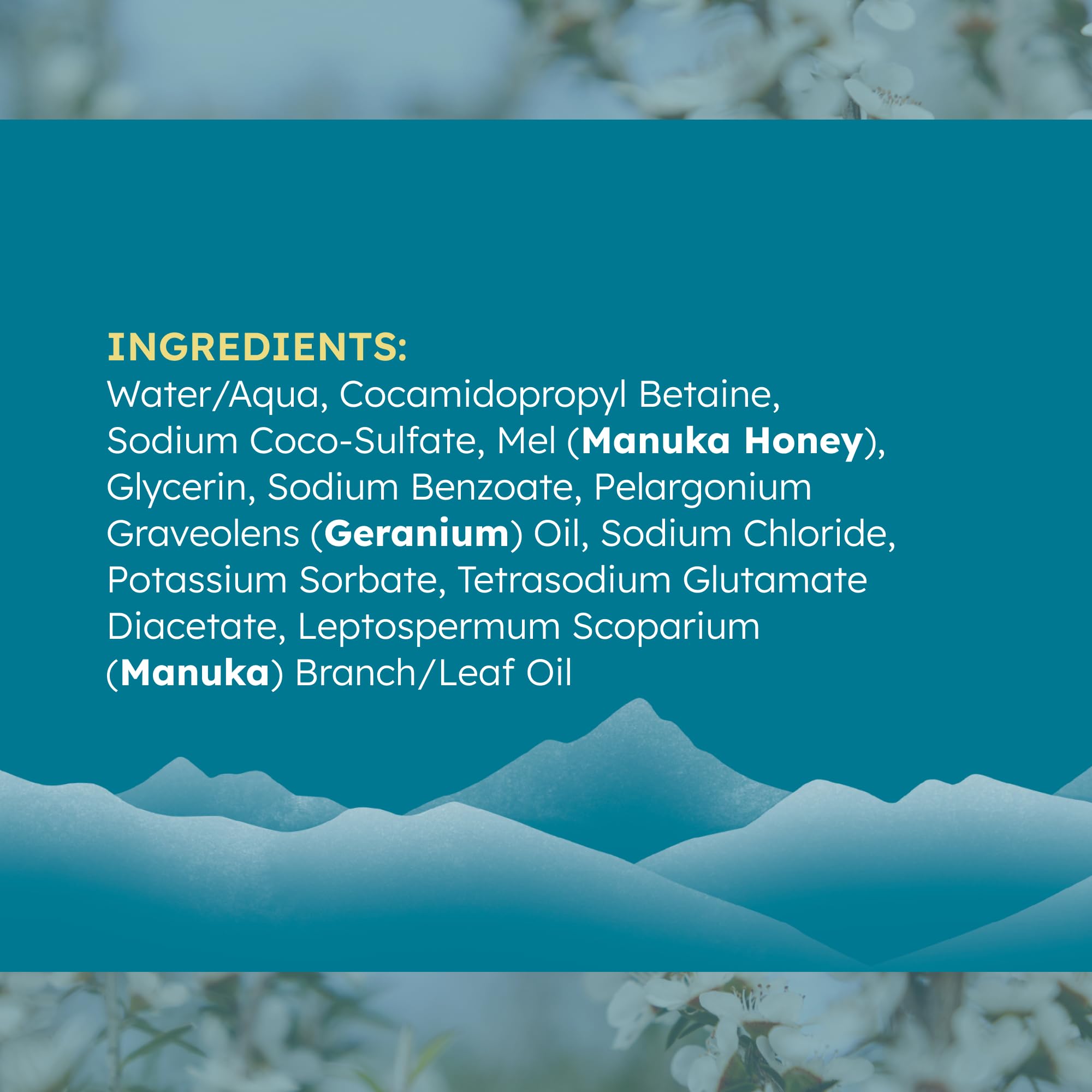 Manuka honey and oil ingredients emphasize natural care.