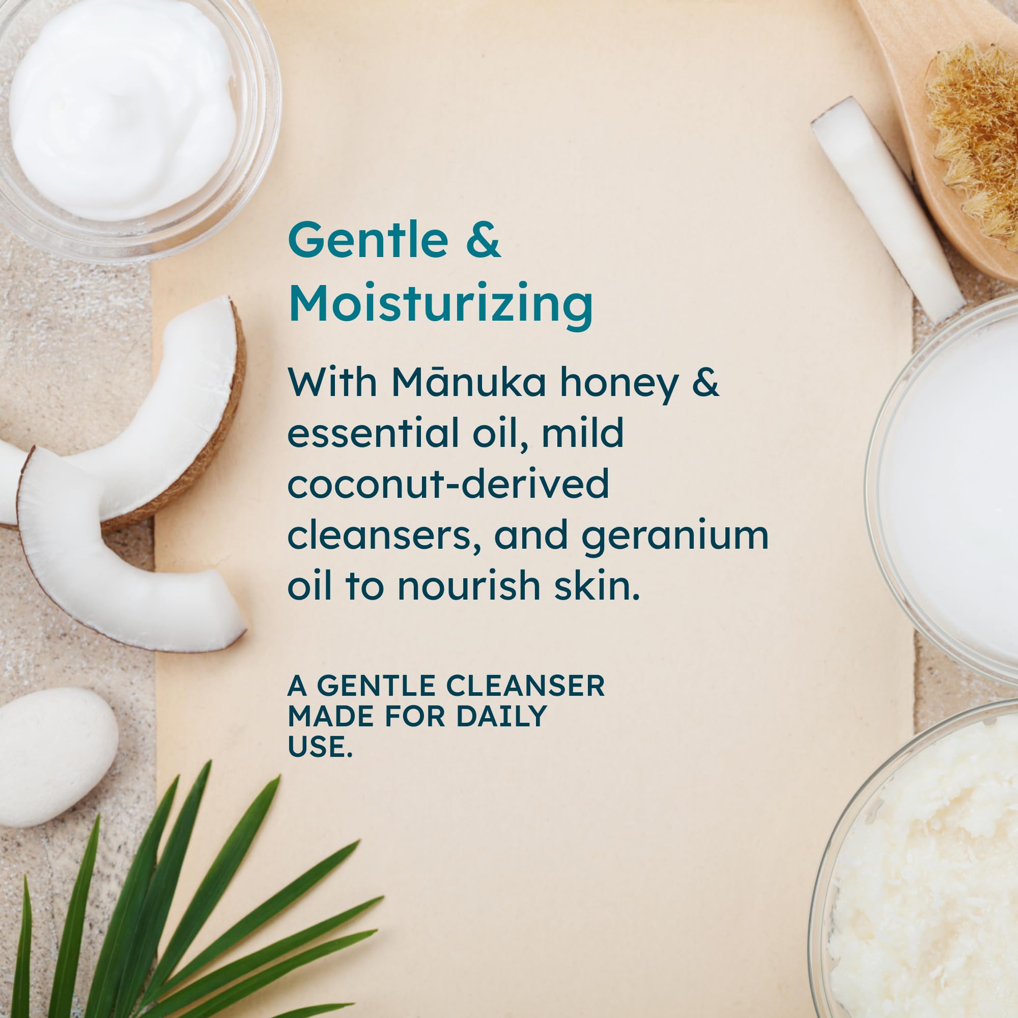 Manuka oil drops highlight nourishing skin benefits.