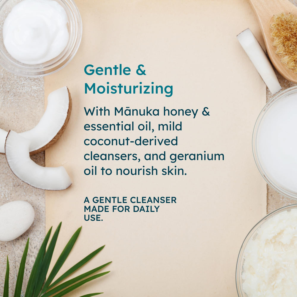 Manuka oil drops highlight nourishing skin benefits.