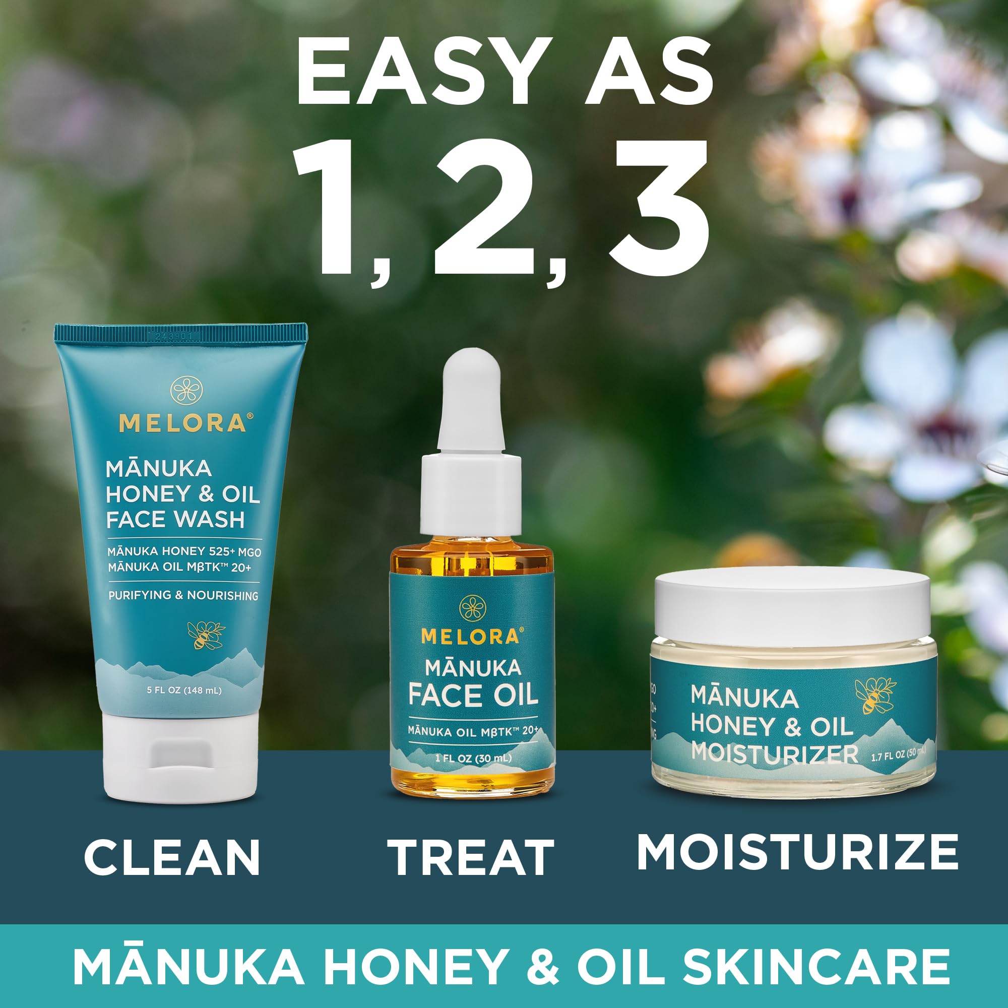 Manuka oil bottle visual emphasizing botanical extract in Melora product.