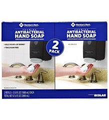 Member's Mark antibacterial foaming hand soap refill bottle, 33.8 oz, helps reduce germs.