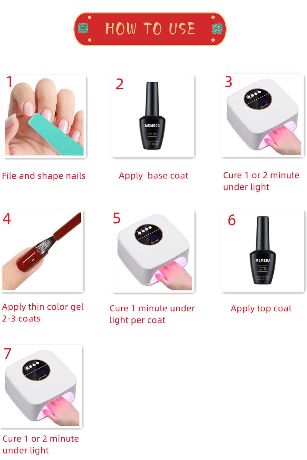 MEMEDA gel polish under LED lamp demonstrating quick cure for efficient styling.