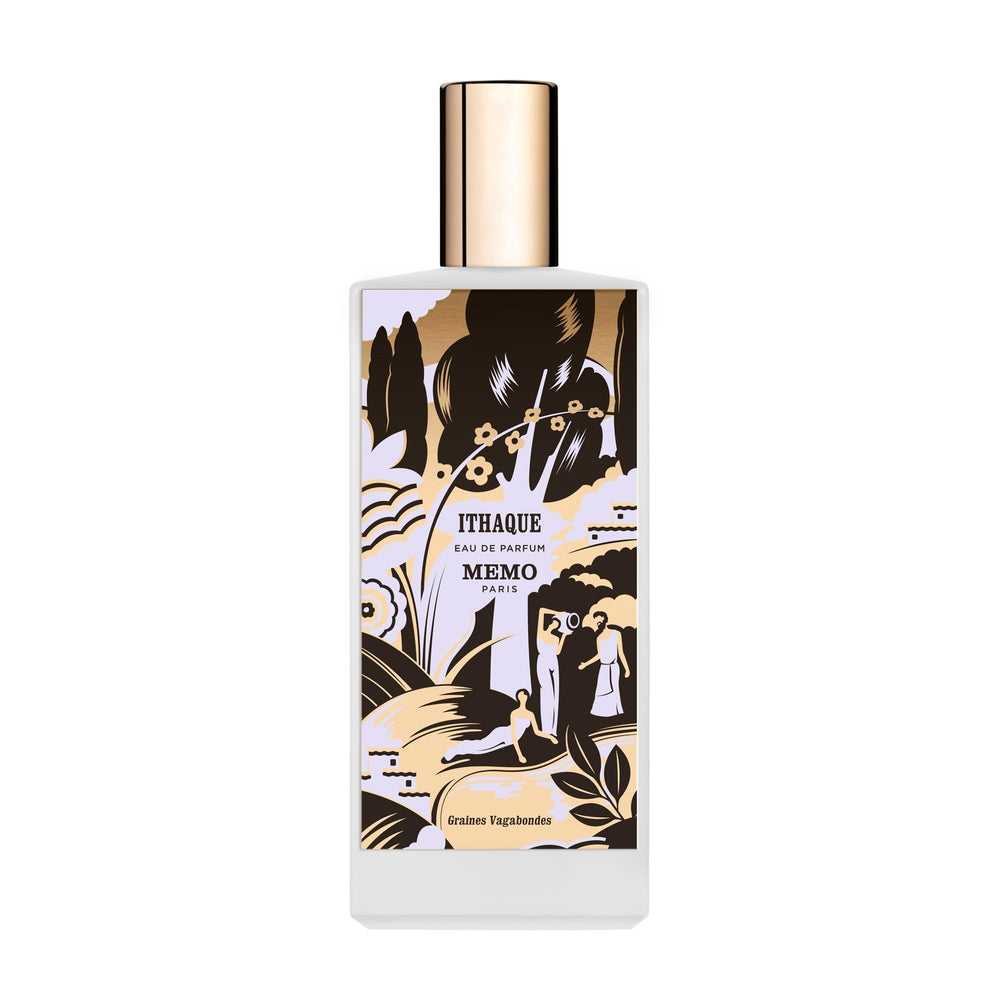 Memo Paris Ithaque bottle close-up highlighting cedar and bergamot balance for daytime freshness.