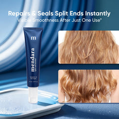 MENDARA Split End Mender serum texture close-up shows fast-absorbing formula.