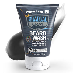 MENFIRST Gradual Gray Beard Wash bottle shows progressive color blending for dark beards.