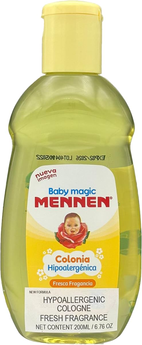 Mennen Baby Magic Cologne cap closeup highlights compact bottle design.