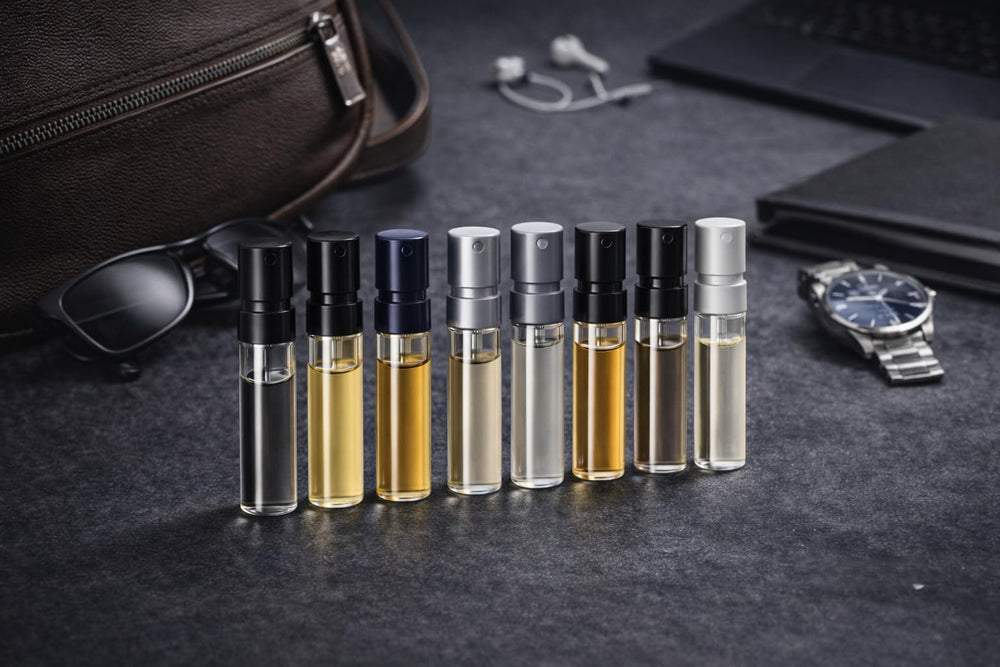 Men's Designer Fragrance Sampler premium packaging keeps vials organized and protected.