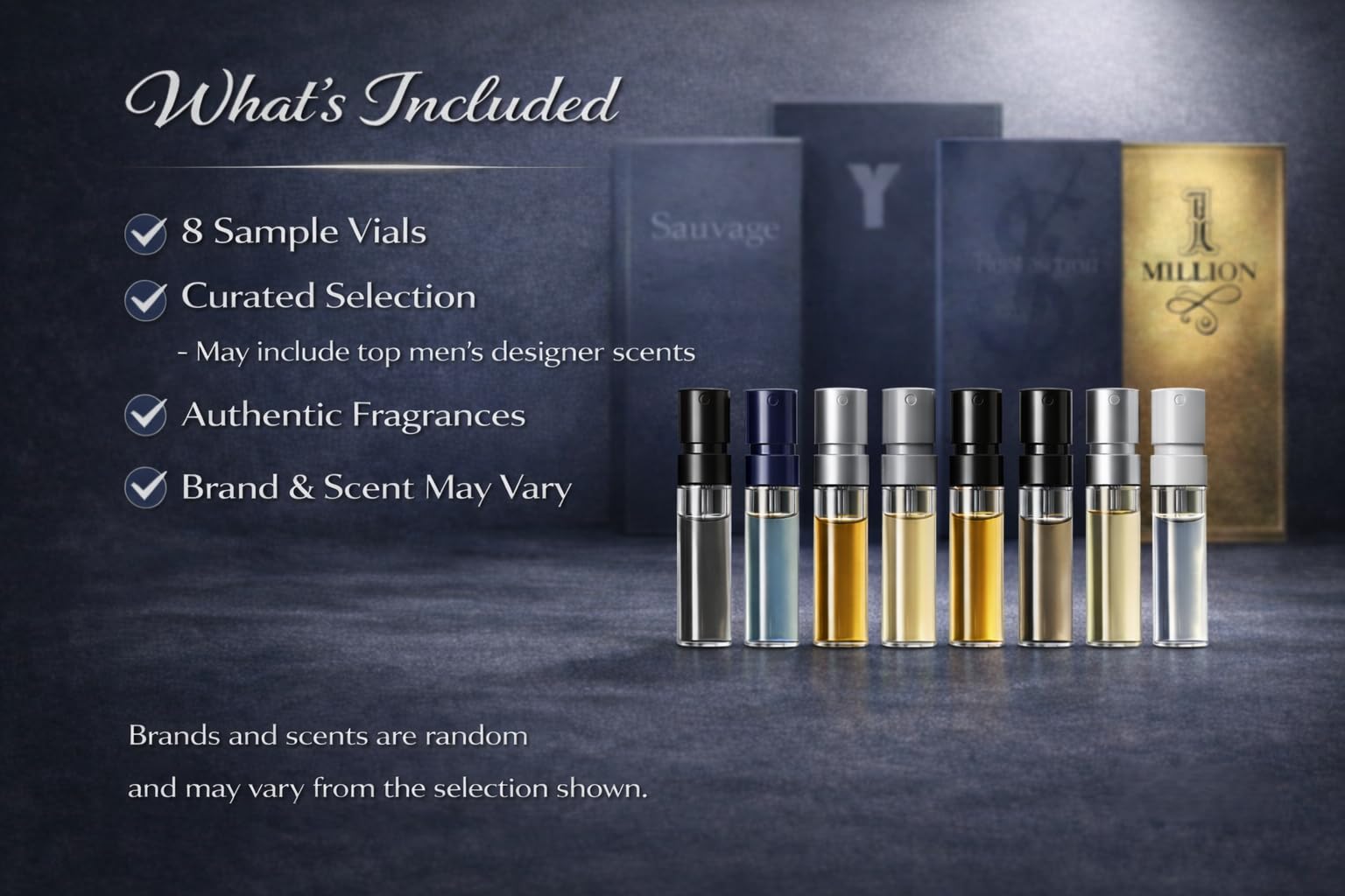 Men's Designer Fragrance Sampler random picks reveal new scents with each vial.