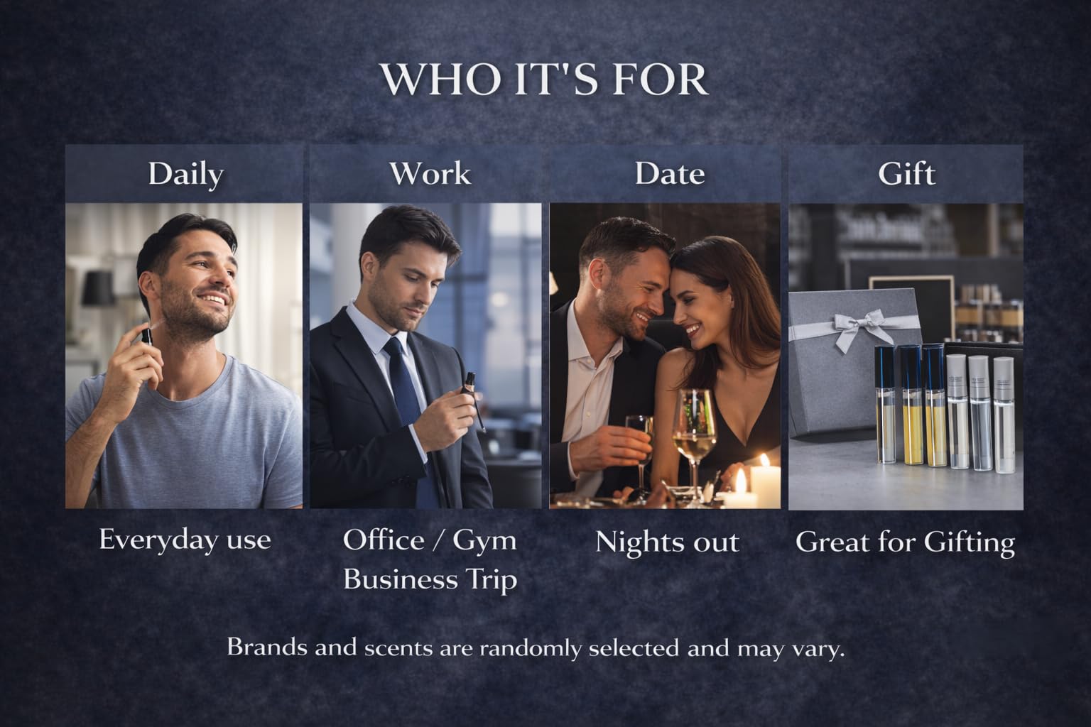 Men's Designer Fragrance Sampler varied oz range includes 0.03 to 0.06 oz.
