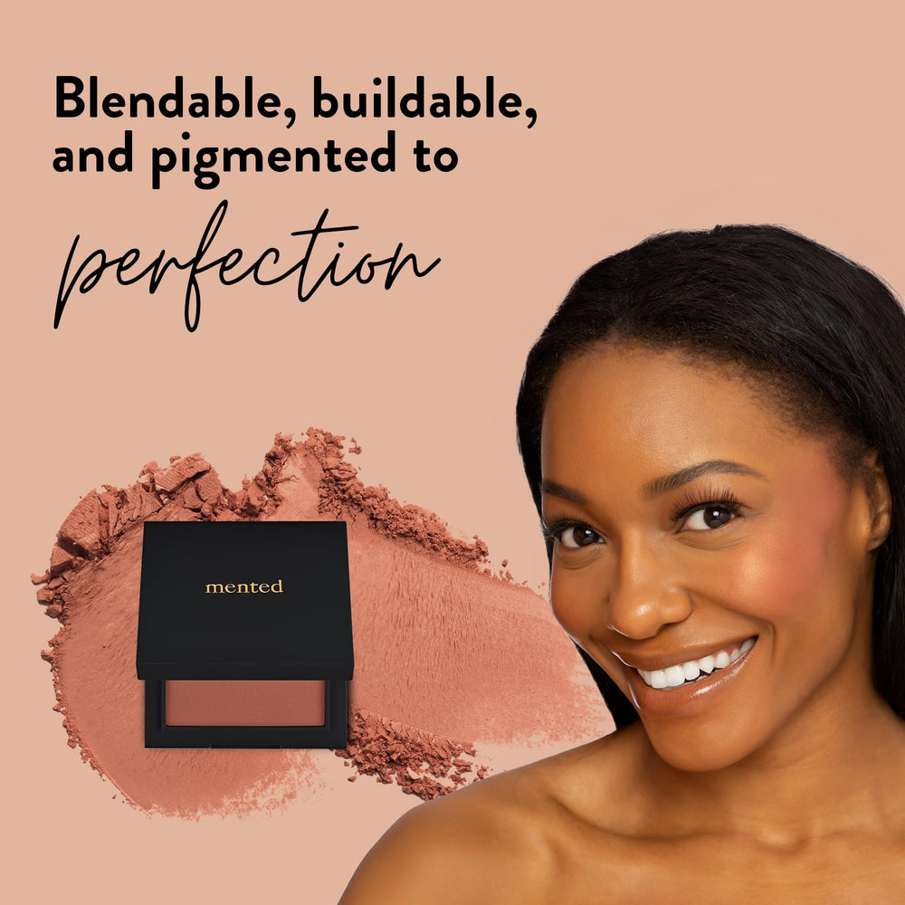 Mented blush palette on face illustrating buildable color and luminous finish.