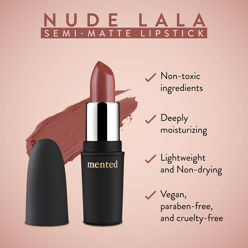 Mented Nude LaLa on lips for a casual, natural daytime look.