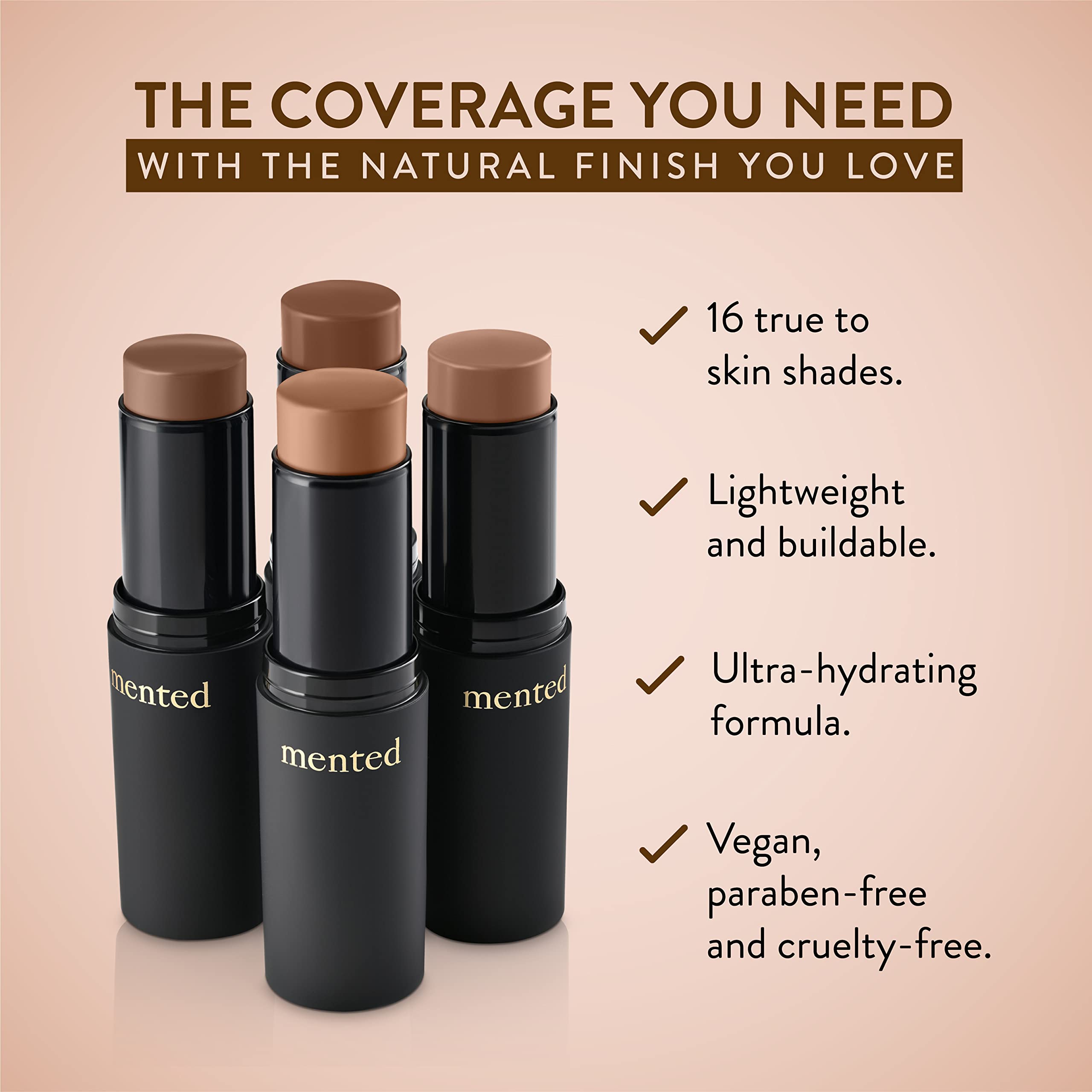 Mented cosmetics stick foundation packaging highlights on-the-go convenience for busy mornings.