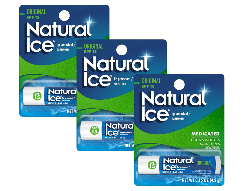 Mentholatum Natural Ice Lip Balm Original SPF 15 helps soothe dry, chapped lips.