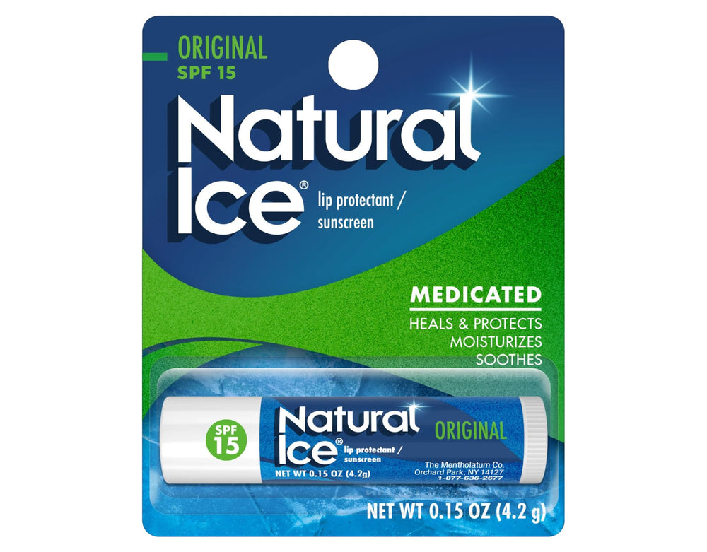 Mentholatum Natural Ice Lip Balm Original SPF 15 tube shields lips from sun and wind.
