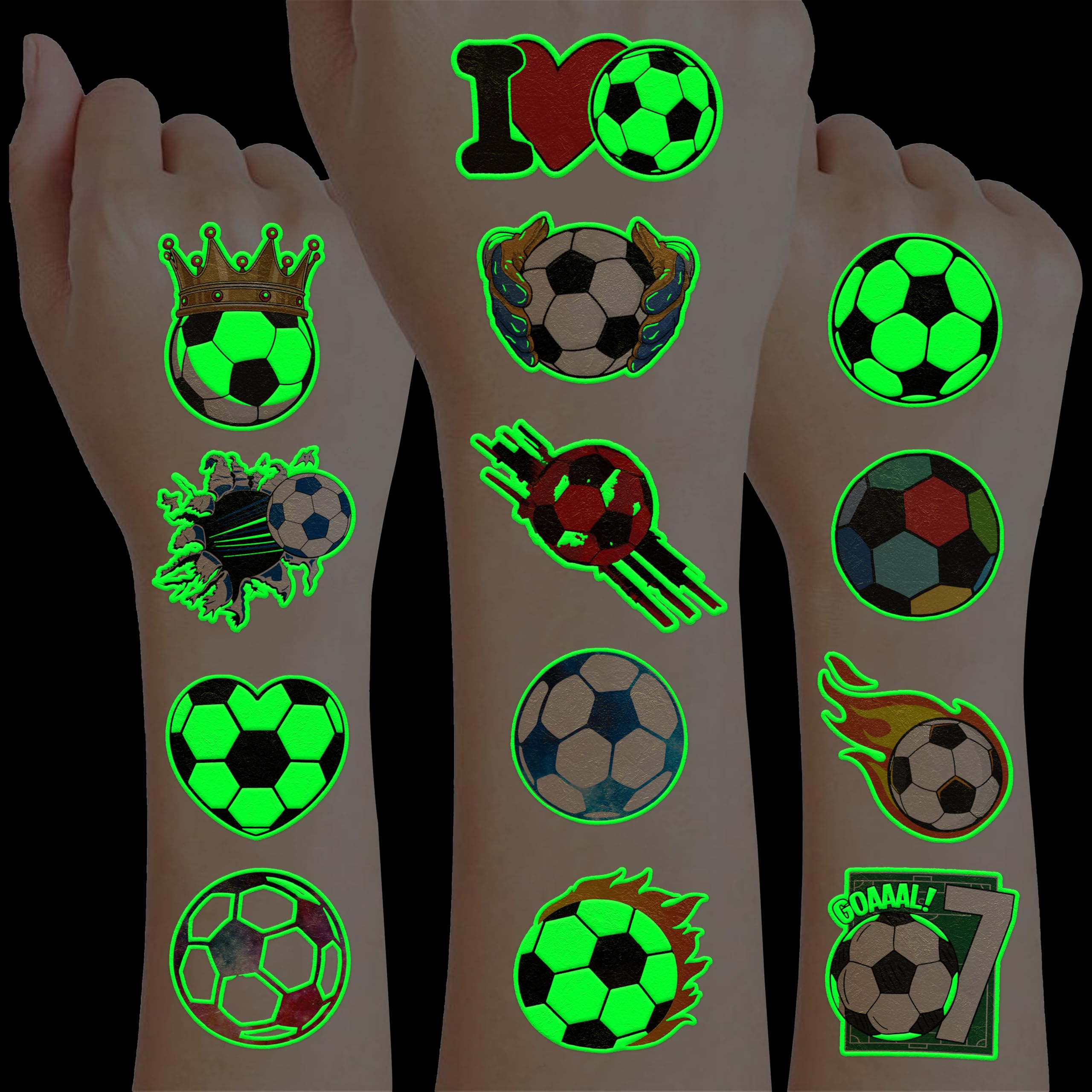 MeoIsDaBest glow soccer tattoo sheets for party decorations.