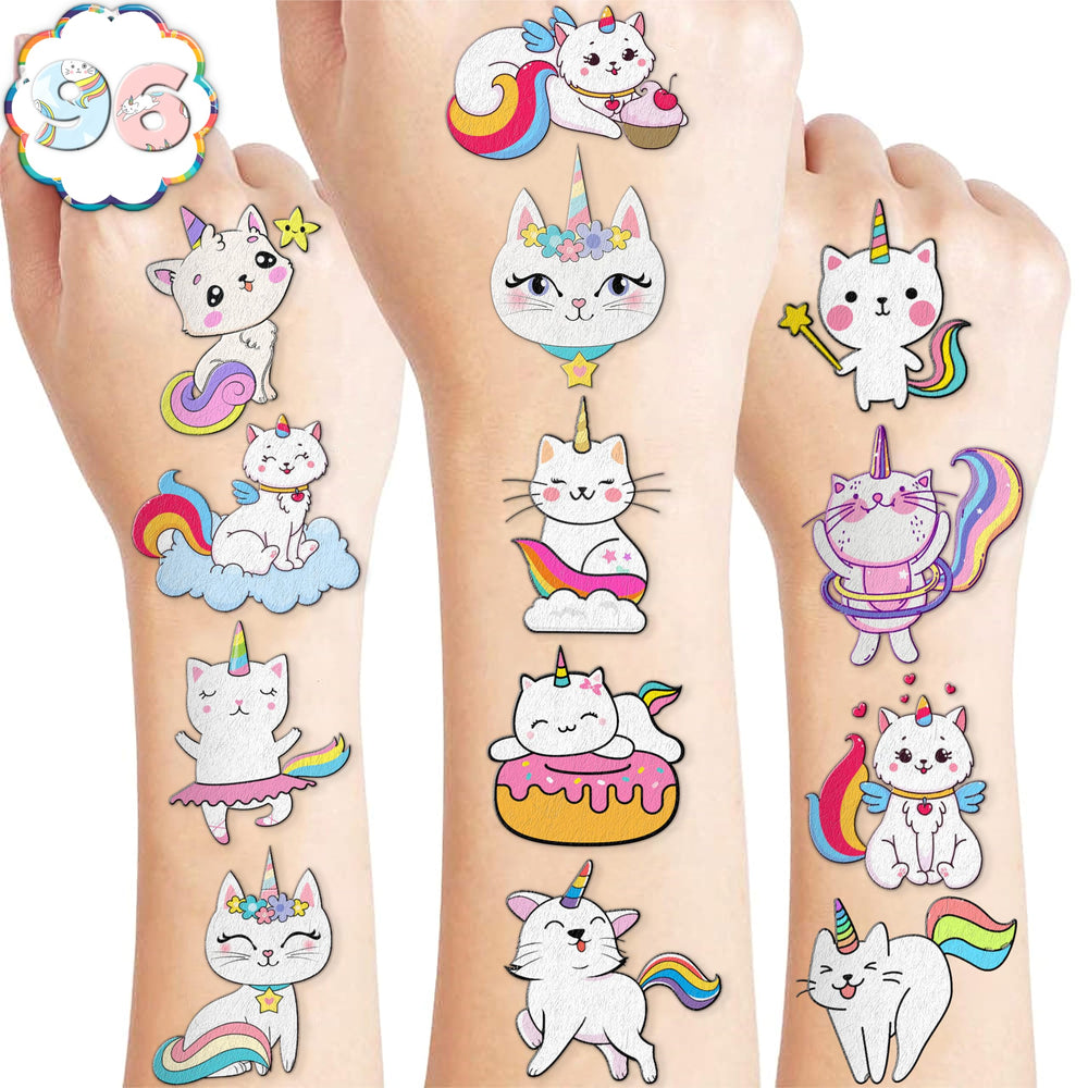 MeoIsDaBest Caticorn tattoo sheet close-up with rainbow cat designs for kids' parties