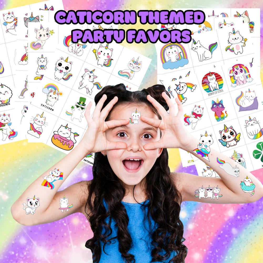 MeoIsDaBest Caticorn tattoo sheets spread showing 96 stickers for party favors