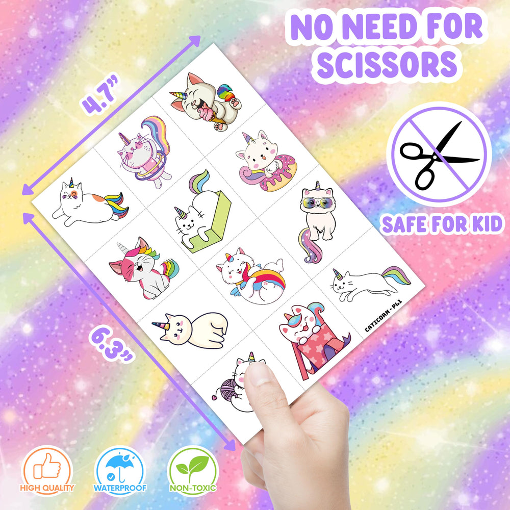 MeoIsDaBest Caticorn tattoo sample on arm, vibrant colors and playful characters
