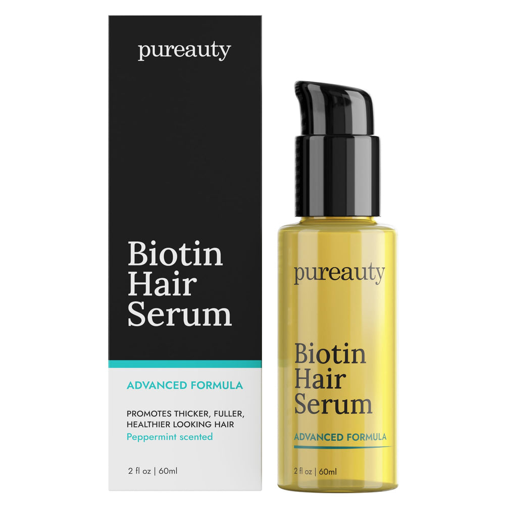 Meraz Pureauty Naturals Biotin Hair Growth Serum bottle for daily use, supporting a fuller look.