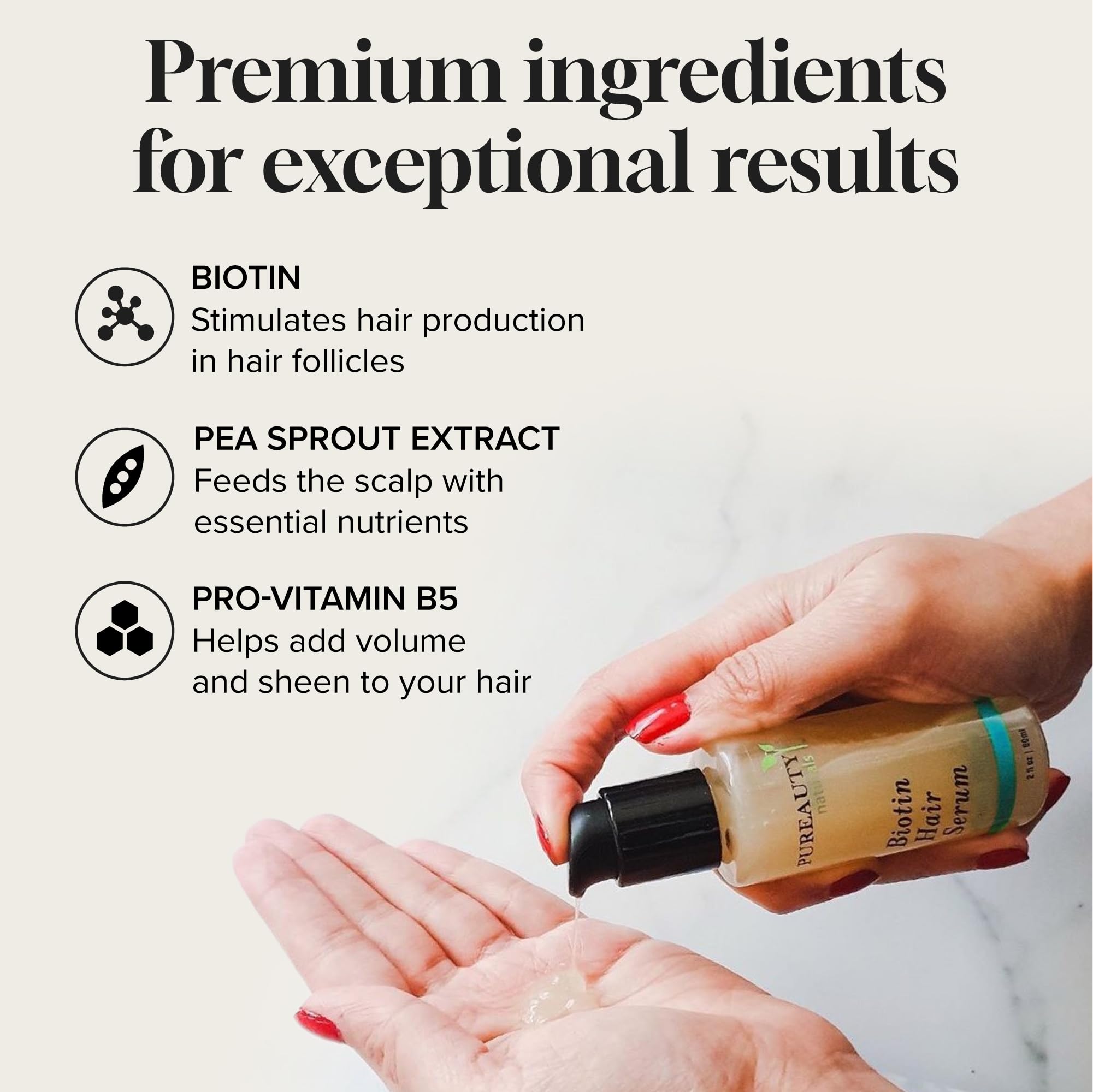 Meraz Pureauty Naturals Biotin Hair Growth Serum non-greasy formula for lightweight daily use.