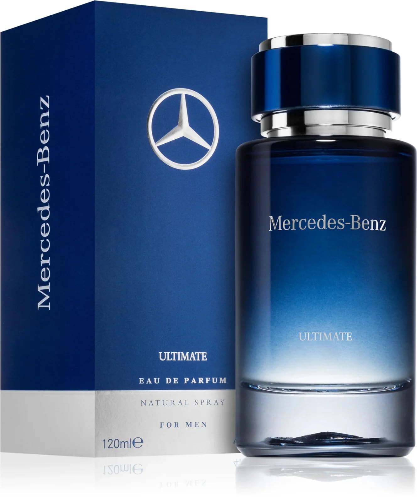 Mercedes-Benz Ultimate eau de parfum bottle close-up, long-lasting fragrance for all-day confidence.