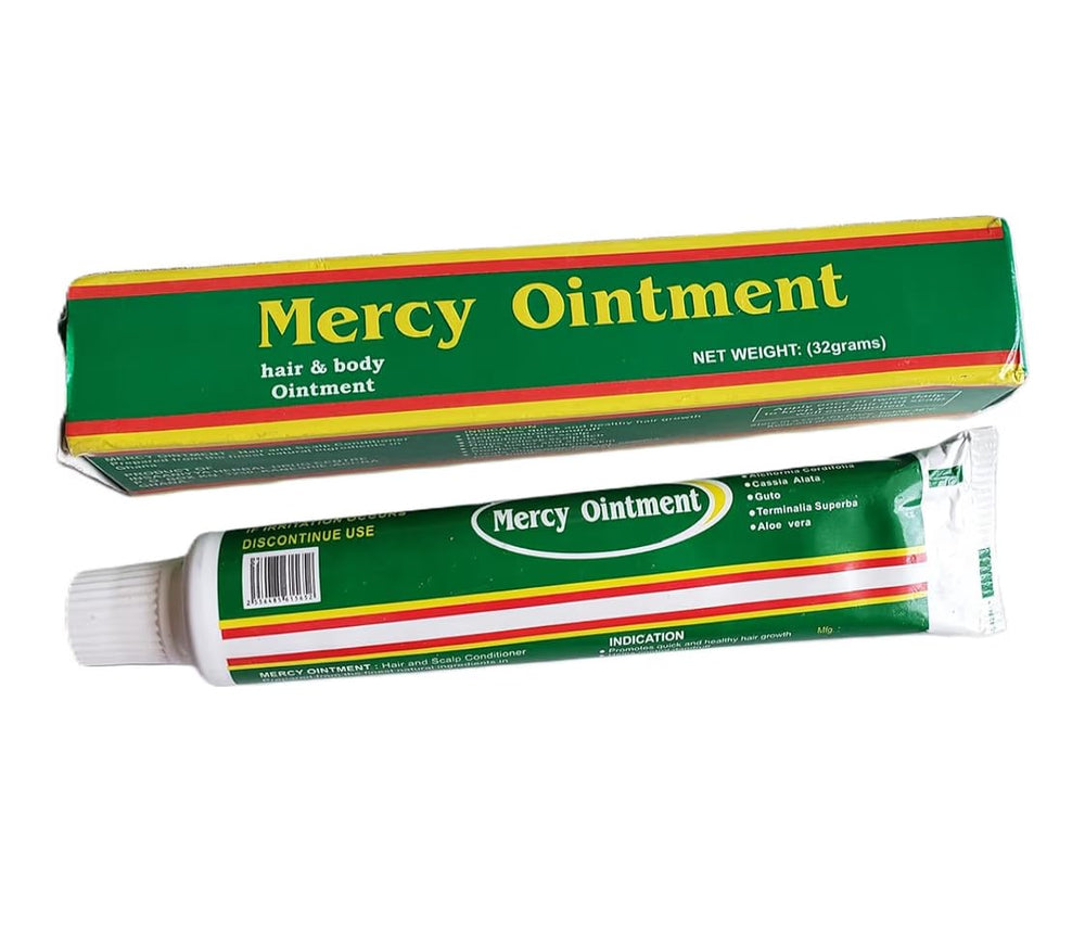 Mercy Cream for Hair & Body 32g tube nourishes the scalp and moisturizes dry skin.