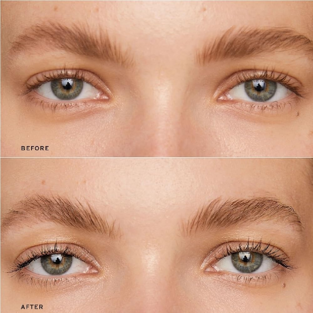 Before-and-after shows lengthened lashes with tubing formula.