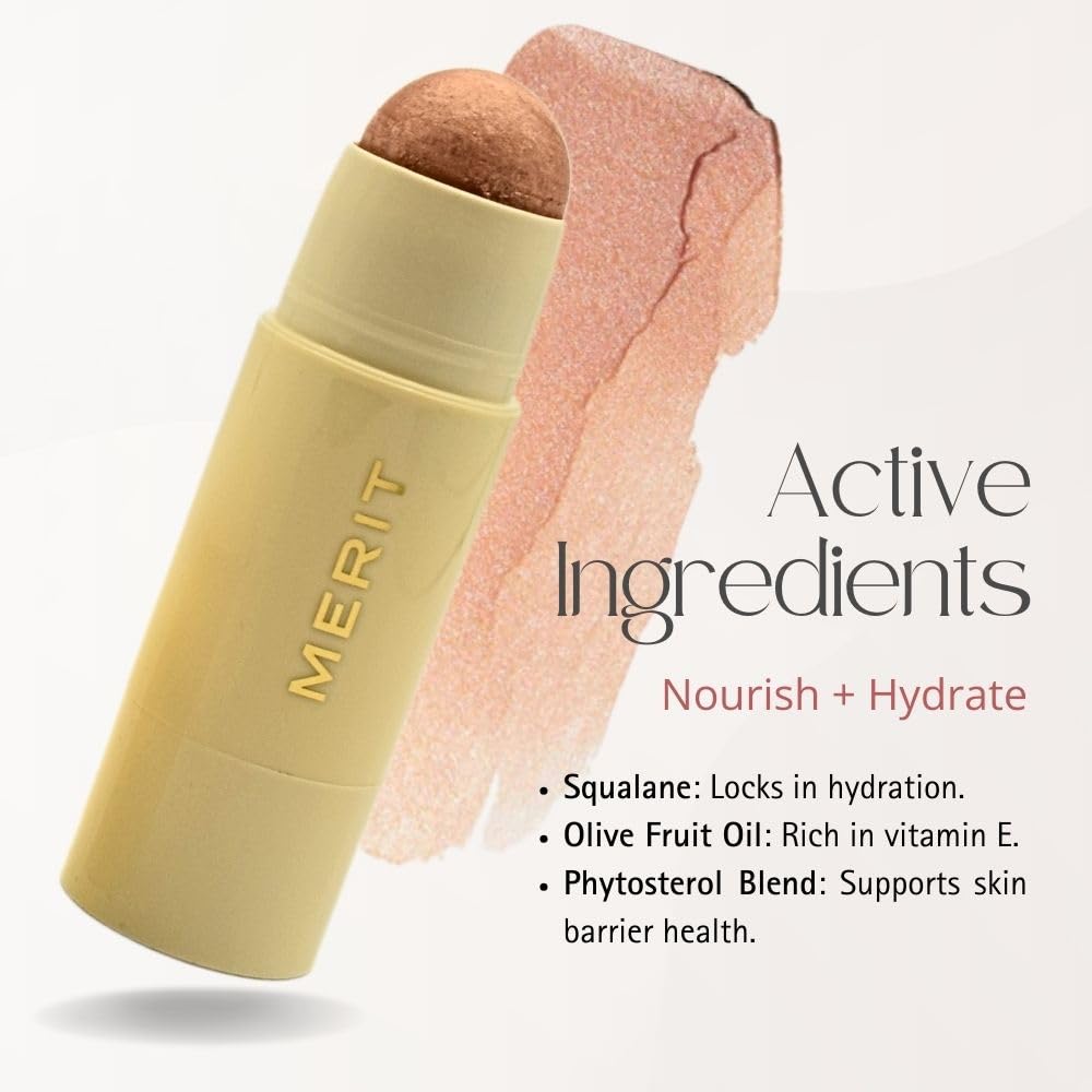 Merit Day Glow Dewy Balm applied to cheek for a subtle lit from within glow.