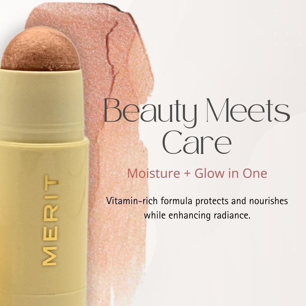 Merit Day Glow Dewy Balm hydrates with squalane and olive oil during highlight.