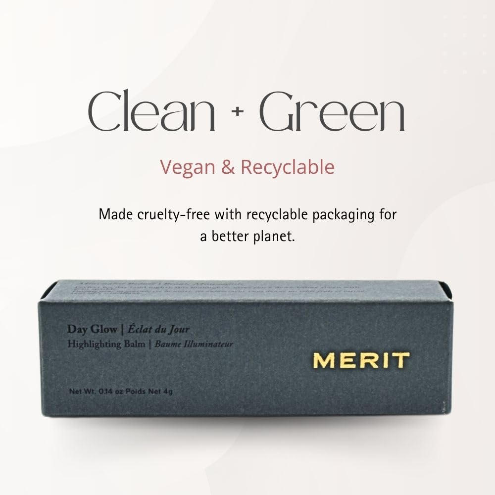 Merit Day Glow Dewy Highlighting Balm Bounce adds rose gold radiance.