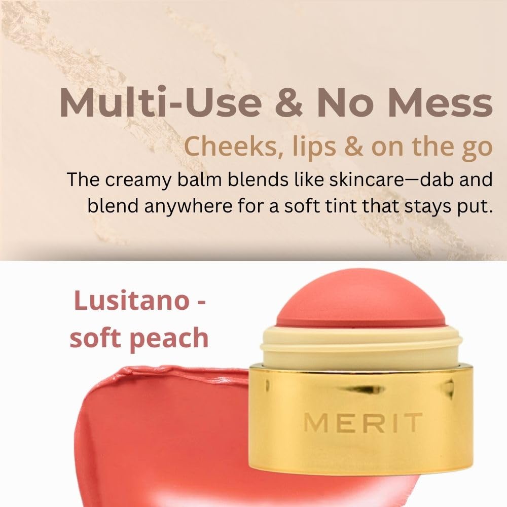 Merit Flush Balm Lusitano Soft Peach on lips provides subtle tint.