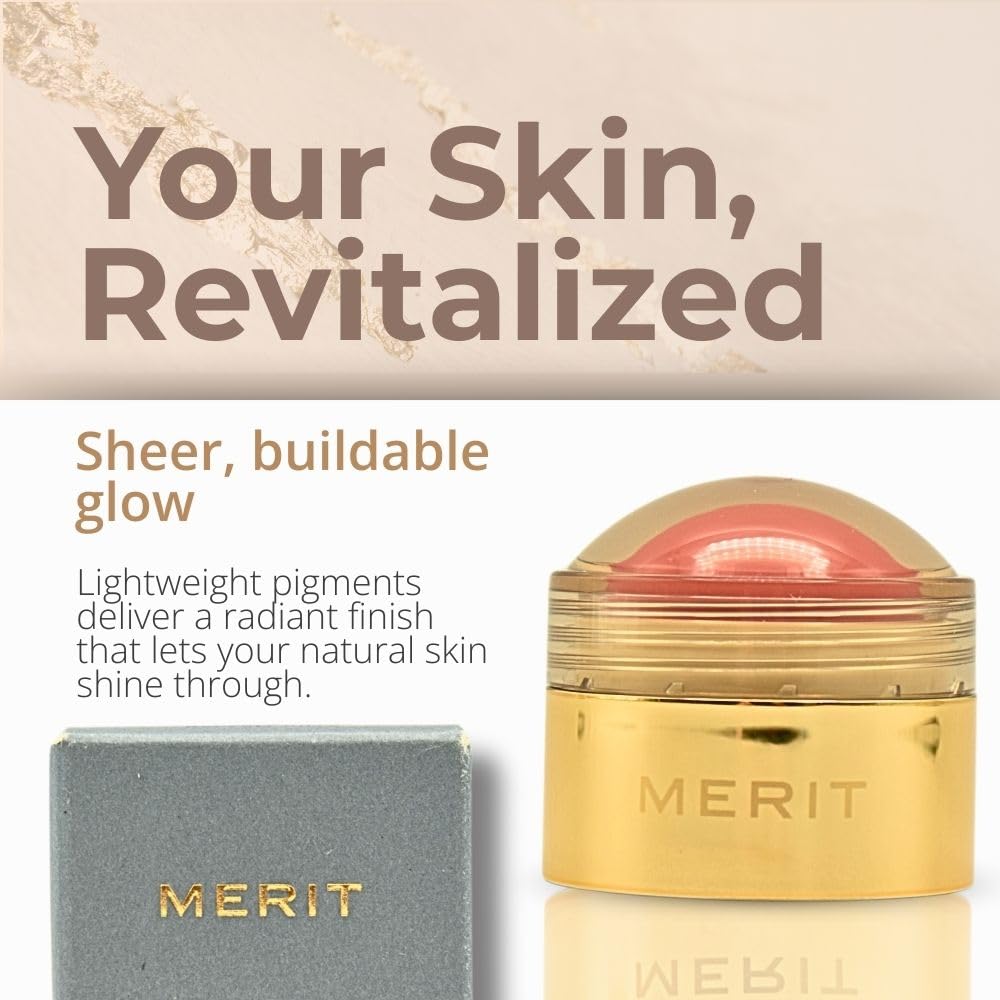 Merit Flush Balm Lusitano Soft Peach swatch demonstrates buildable color.