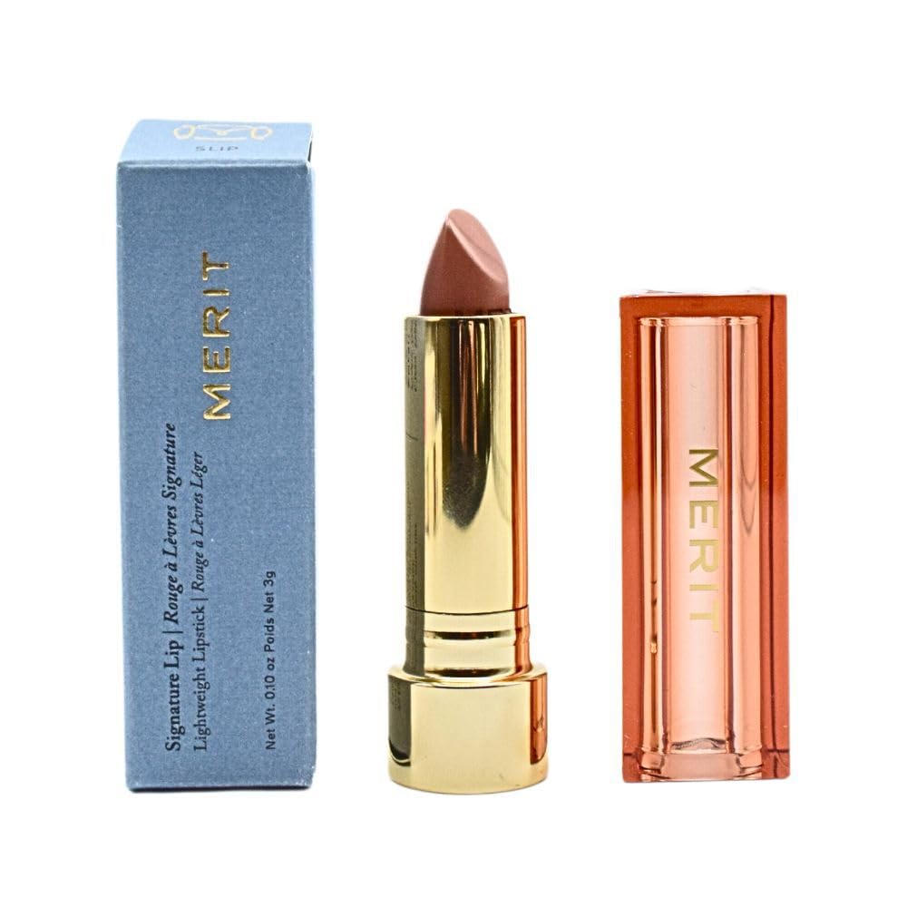 MERIT Signature Lip Lightweight Lipstick Slip application close-up shows smooth glide for precise color.