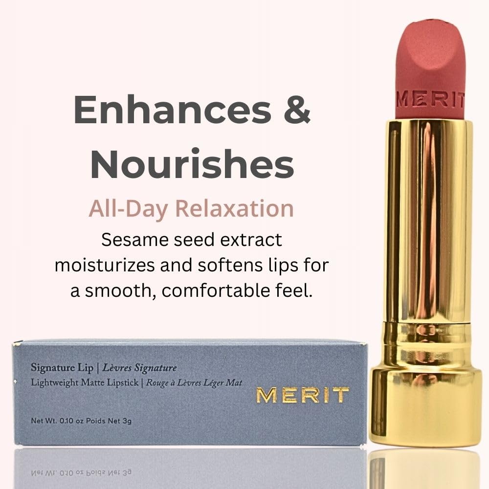 Merit Signature Lip Sunday hyaluronic acid supports hydration during wear.