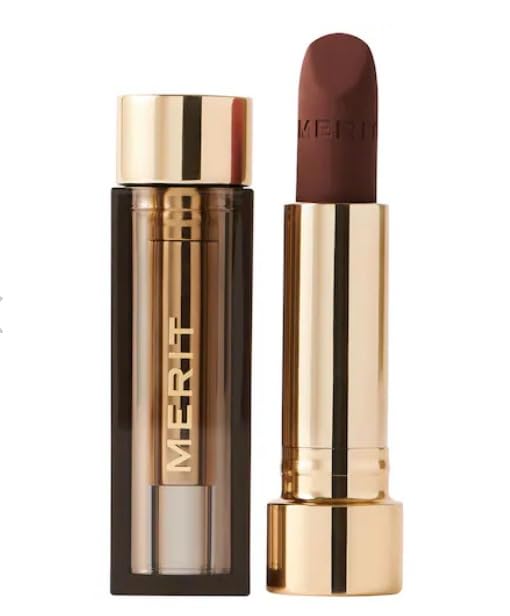 Merit Signature Lipstick in Equestrian warm brown shade delivers lightweight hydrating color.