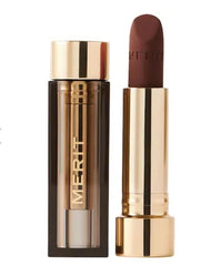 Merit Signature Lipstick in Equestrian warm brown shade delivers lightweight hydrating color.