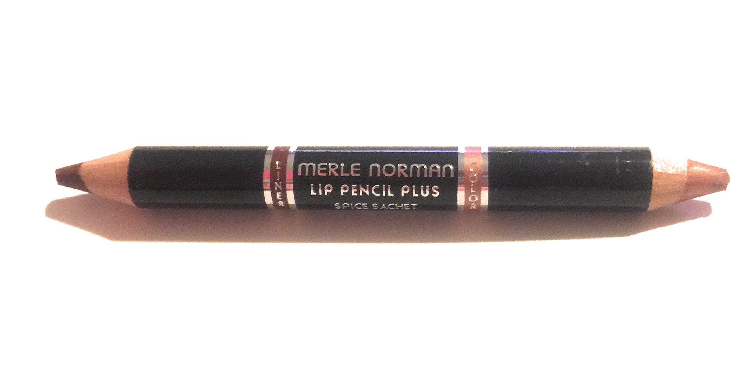 Merle Norman Lip Pencil Plus Spiced Sachet applies burgundy color with built-in lipliner for precise definition.