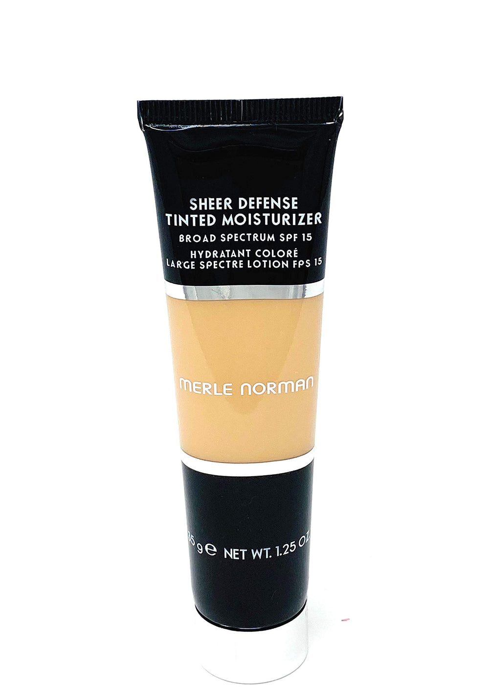 Merle Norman Sheer Defense tinted moisturizer bottle offering lightweight coverage and sun protection.