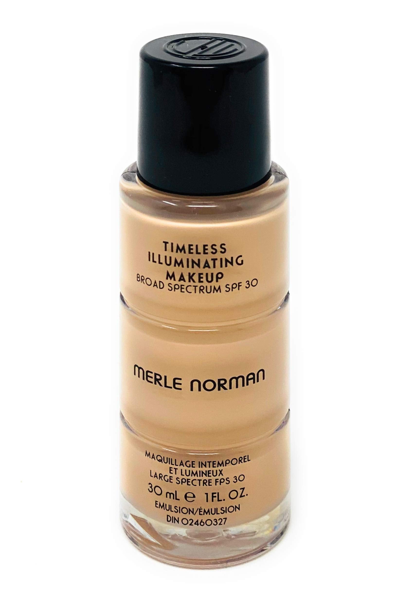 Merle Norman Timeless Illuminating Makeup Sesame bottle shows luminous coverage with SPF 30 for radiant skin