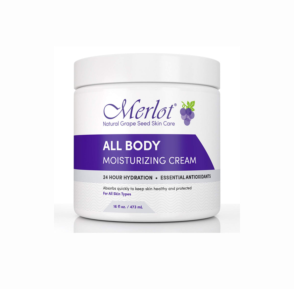 Merlot Moisturizing All-Body Cream jar reveals creamy texture for daily hydration.