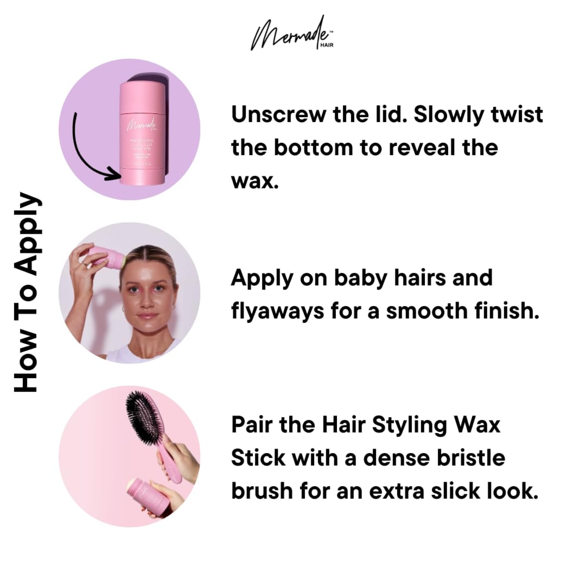 Mermade Hair Wax Stick pink flyaways tames frizz for a smooth, controlled finish.