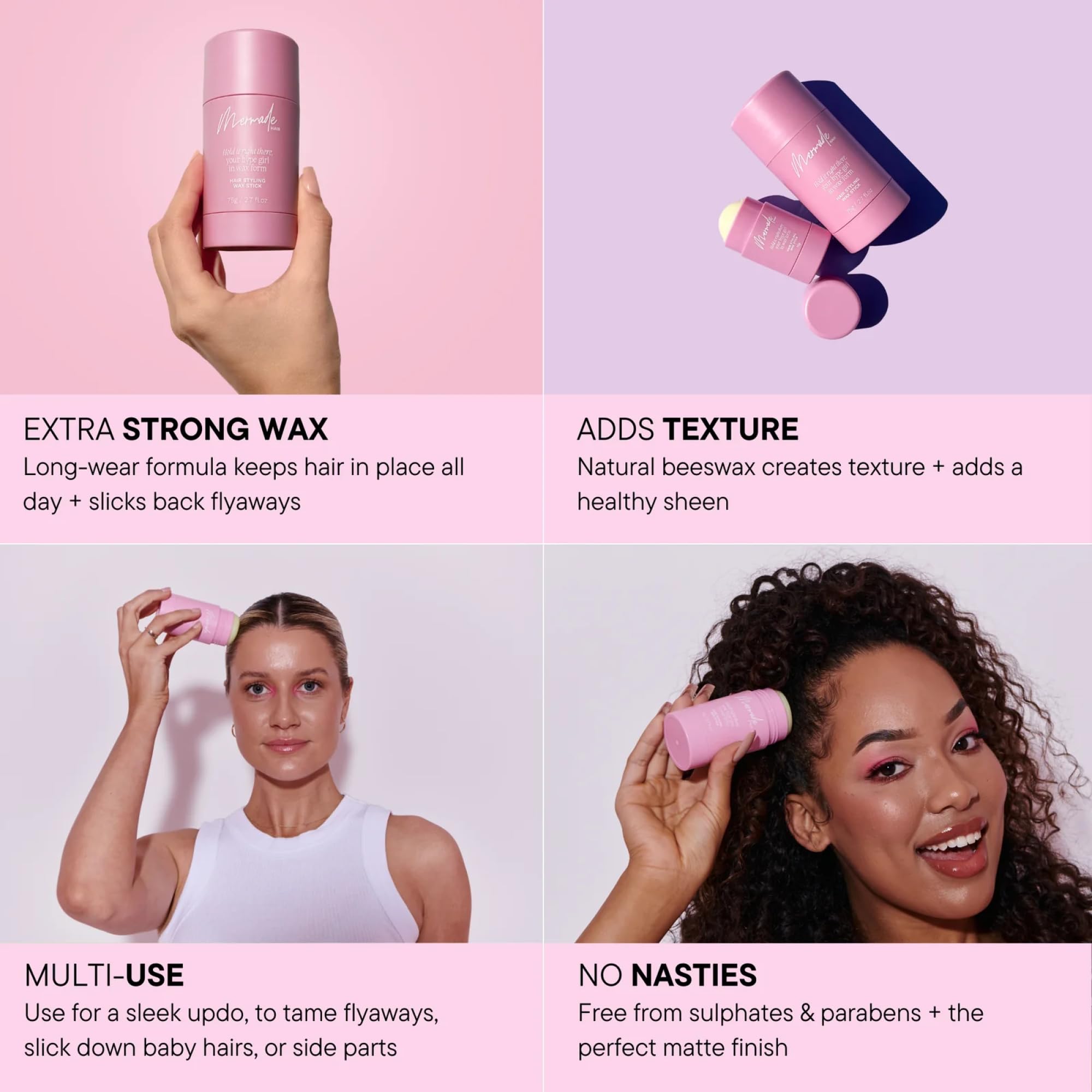 Mermade Hair Wax Stick pink slick-back shows strong hold for a polished, long-lasting style.